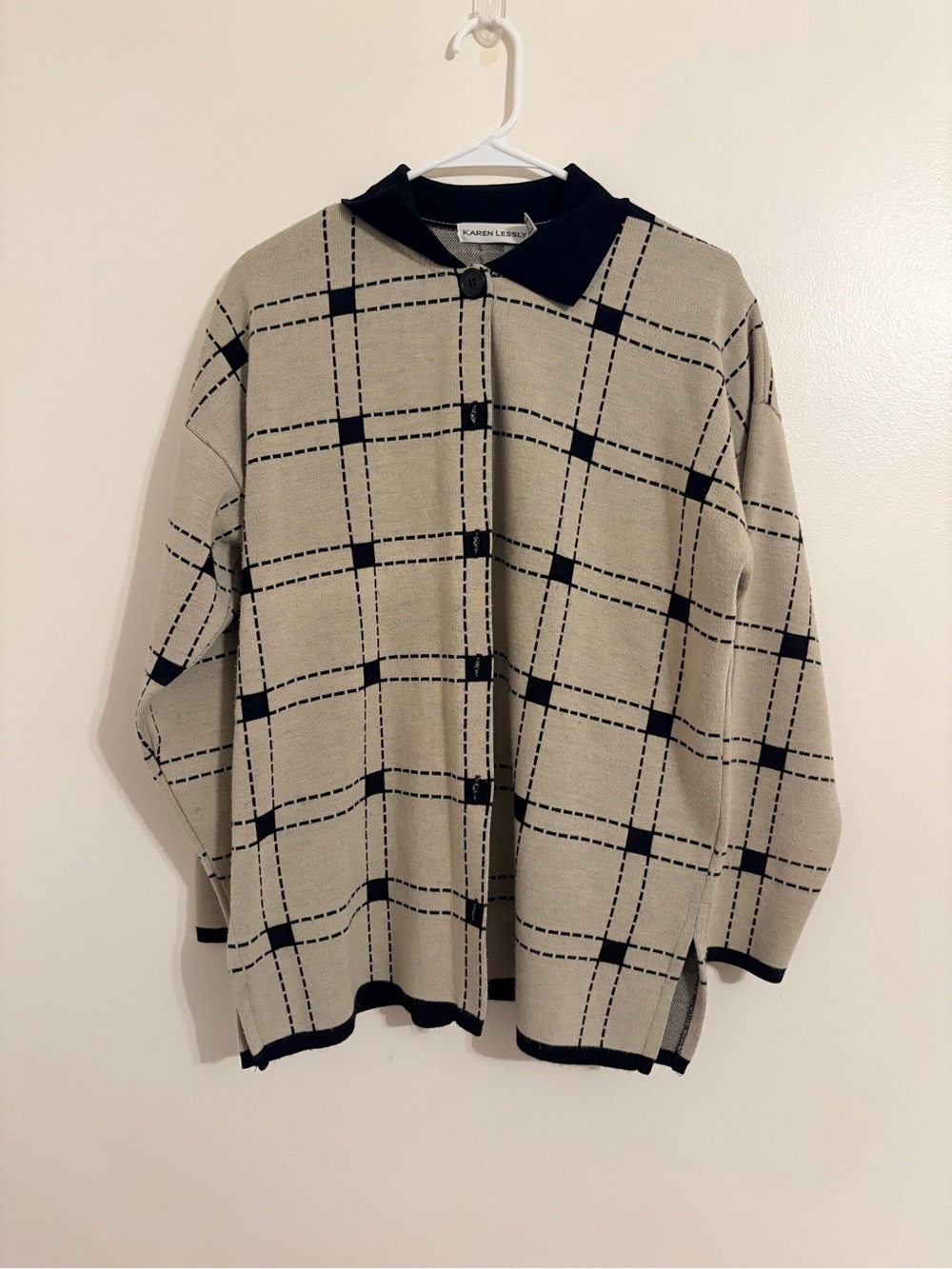 Beige and Black Plaid Knit Sweater